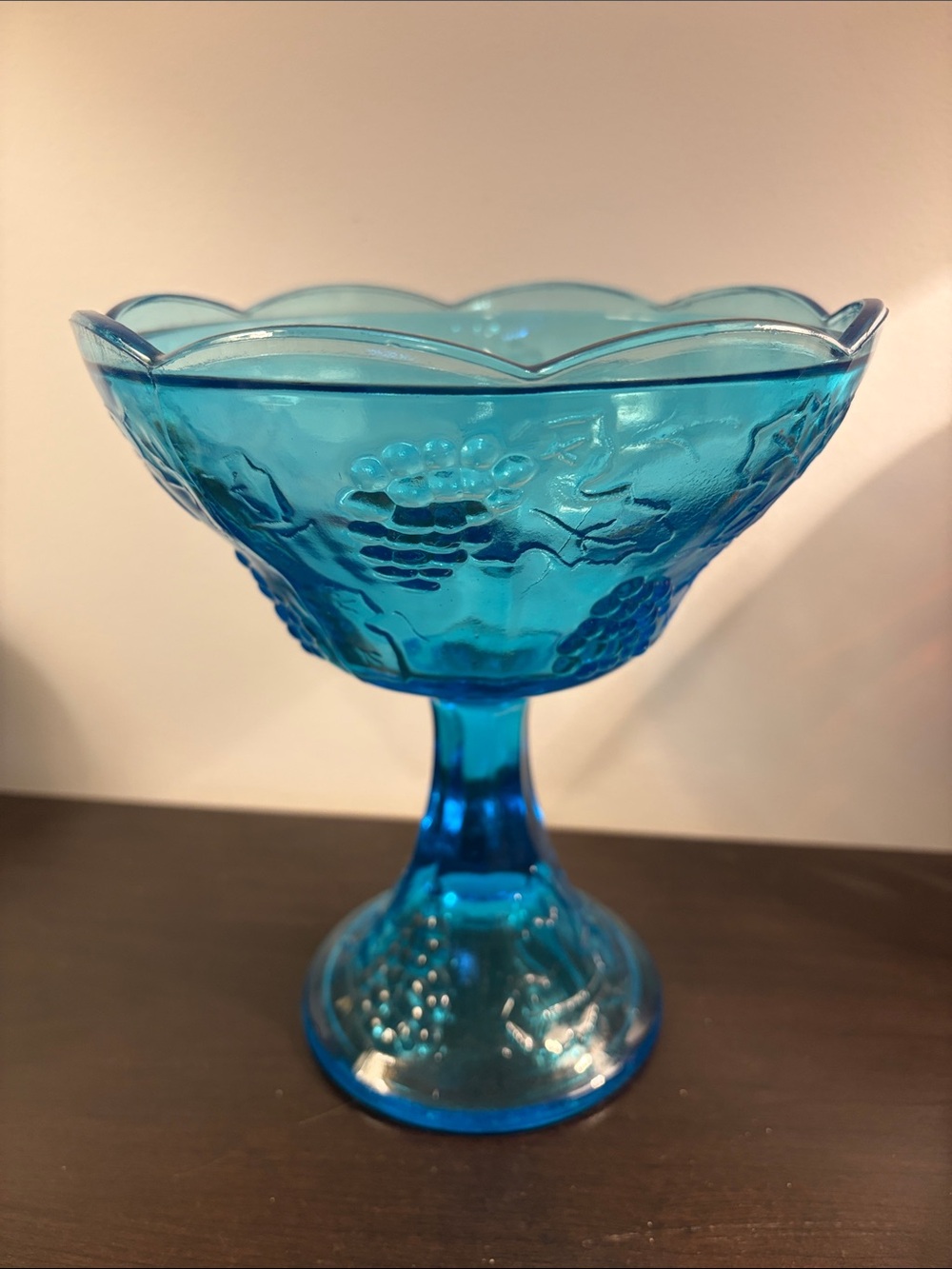 Vintage Blue Glass Compote Bowl with Grape Motif